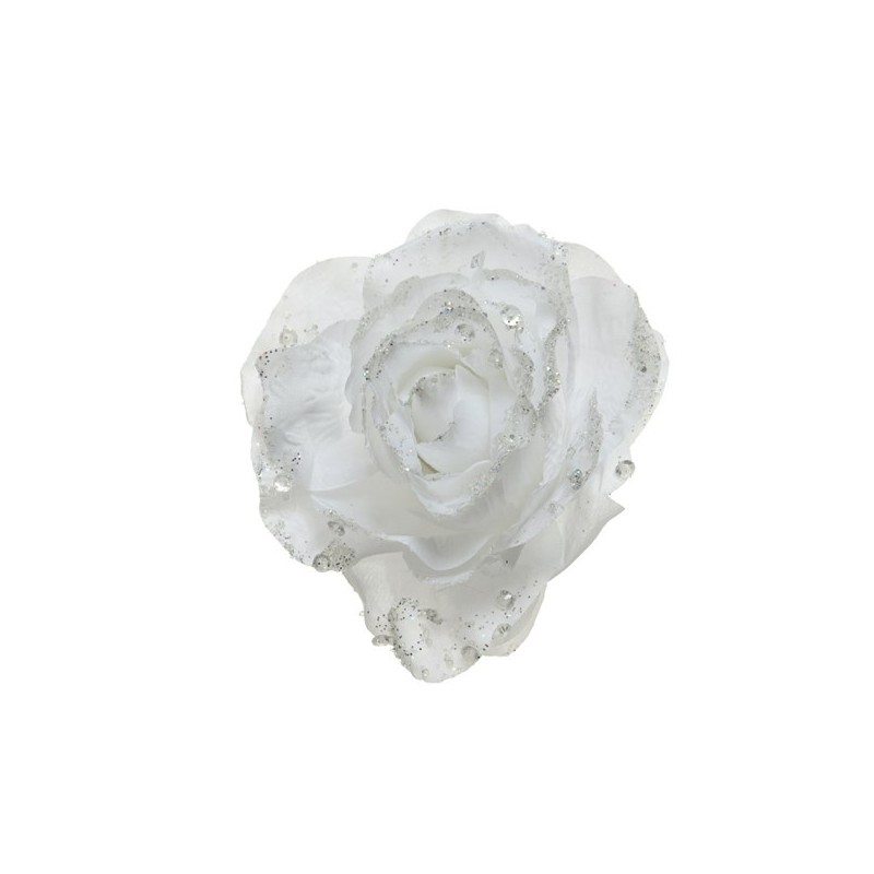 Róża biała z brokatem na klipsie 14x8,5cm - 1