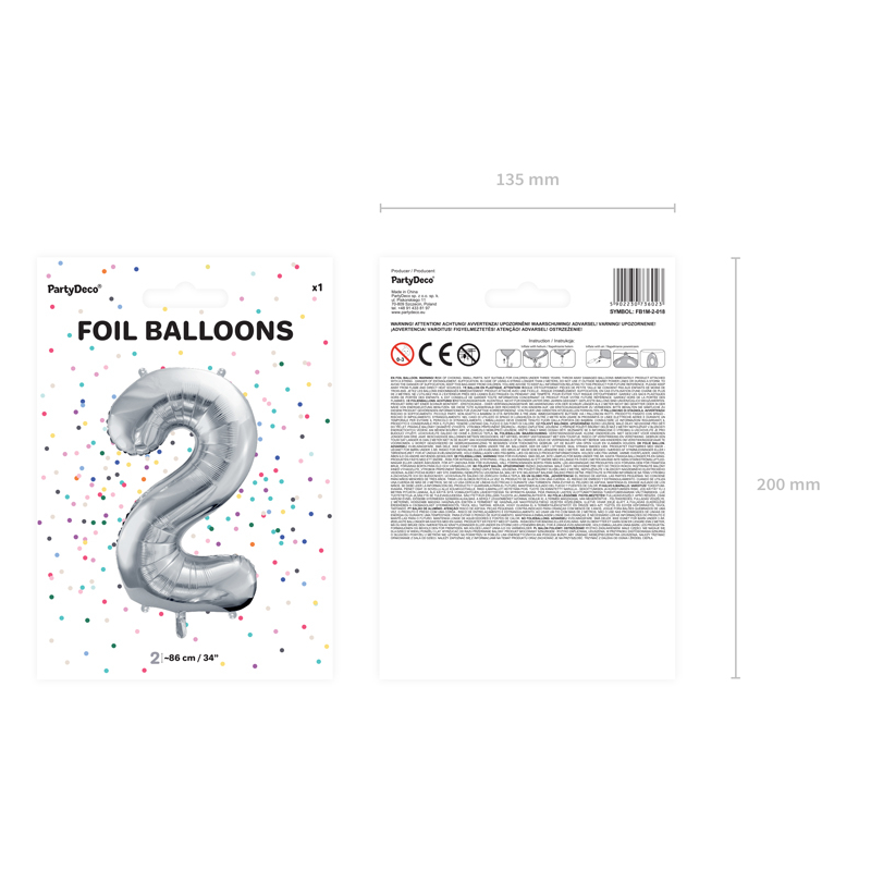 Balon foliowy cyfra 2 duża srebrna urodzinowa 34'' - 2