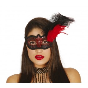 Maska karnawałowa dekorowana piórami czerwono czarna - 1