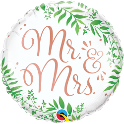 Balon foliowy biały okrągły Mr & Mrs z zielonymi gałązkami Wesele Ślub