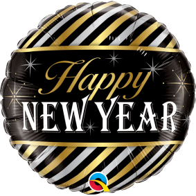 Balon foliowy czarny Happy New Year paski złoto srebrne - 1
