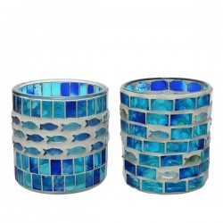 Świecznik szklany okrągły mozaika niebieski 10cm - 2
