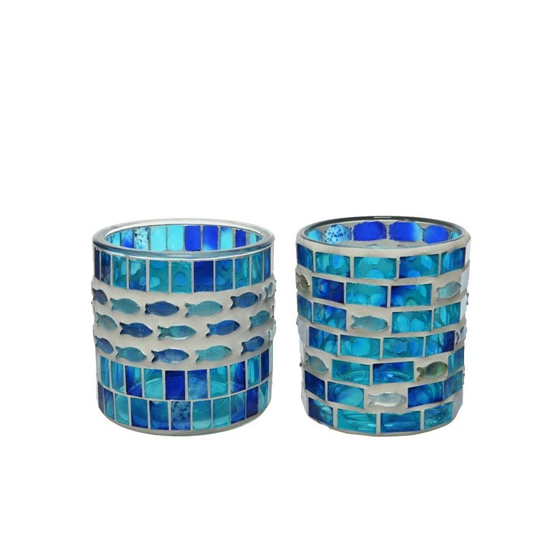 Świecznik szklany okrągły mozaika niebieski 10cm - 2