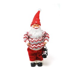 Mikołaj we wzorzystym swetrze z latarenką ozdoba
