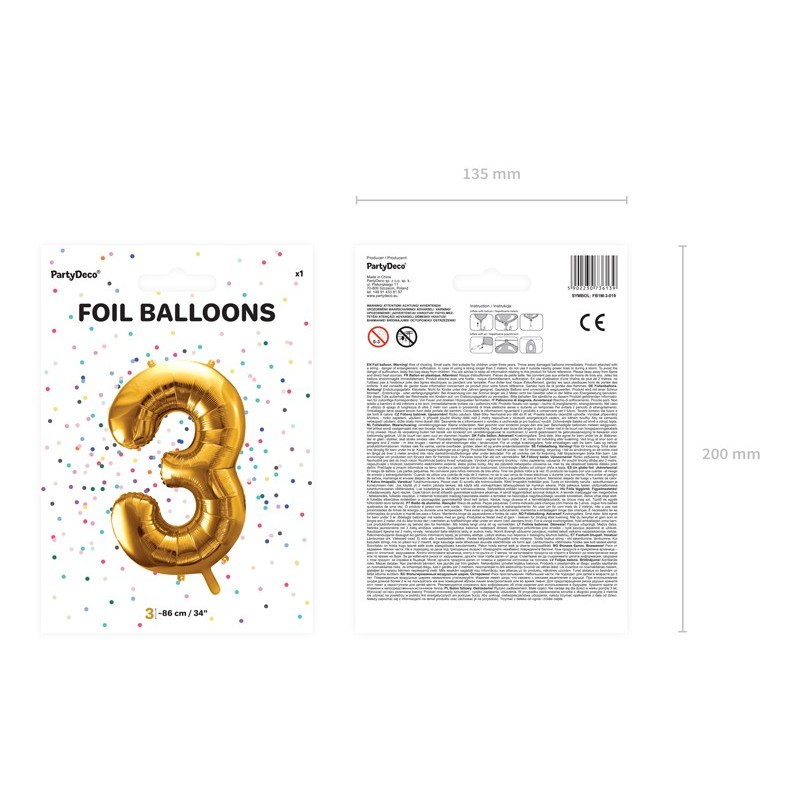 Balon foliowy cyfra 3 duży złoty urodzinowy na hel - 2