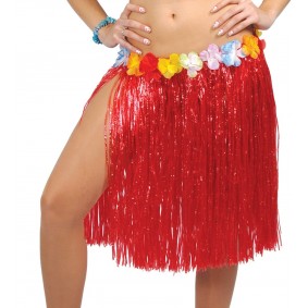 Spódnica hawajska z kwiatami 55cm czerwona strój - 1