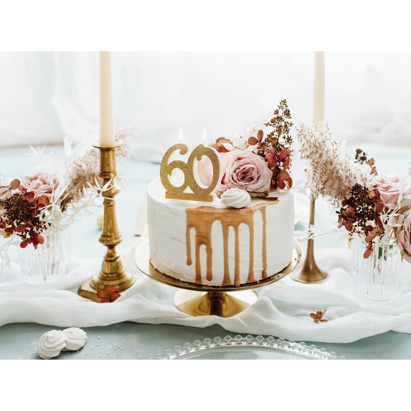 Świeczka urodzinowa liczba 60 na tort złota brokat - 3