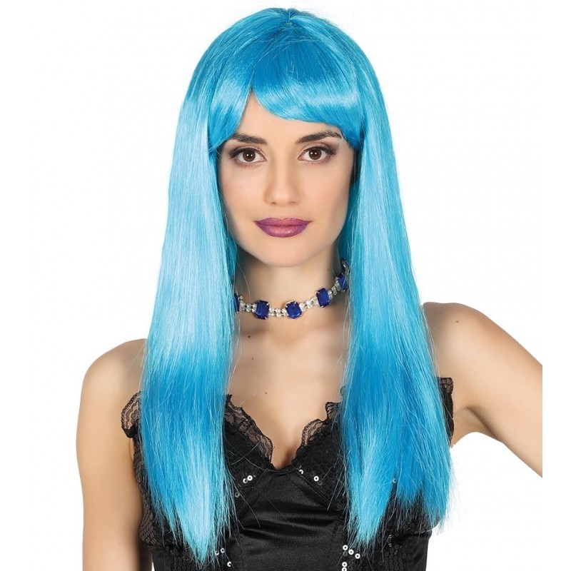 Peruka niebieska damska długie włosy z grzywką syntetyczna - 1