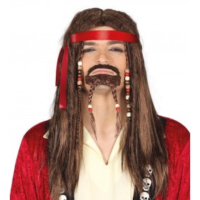 Peruka z brodą męska brązowa Jack Sparrow włosy brązowe piracka - 1