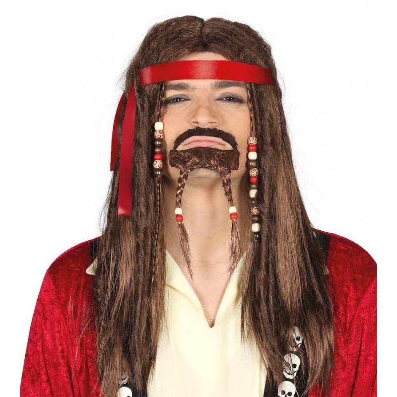 Peruka z brodą męska brązowa Jack Sparrow włosy brązowe piracka - 1