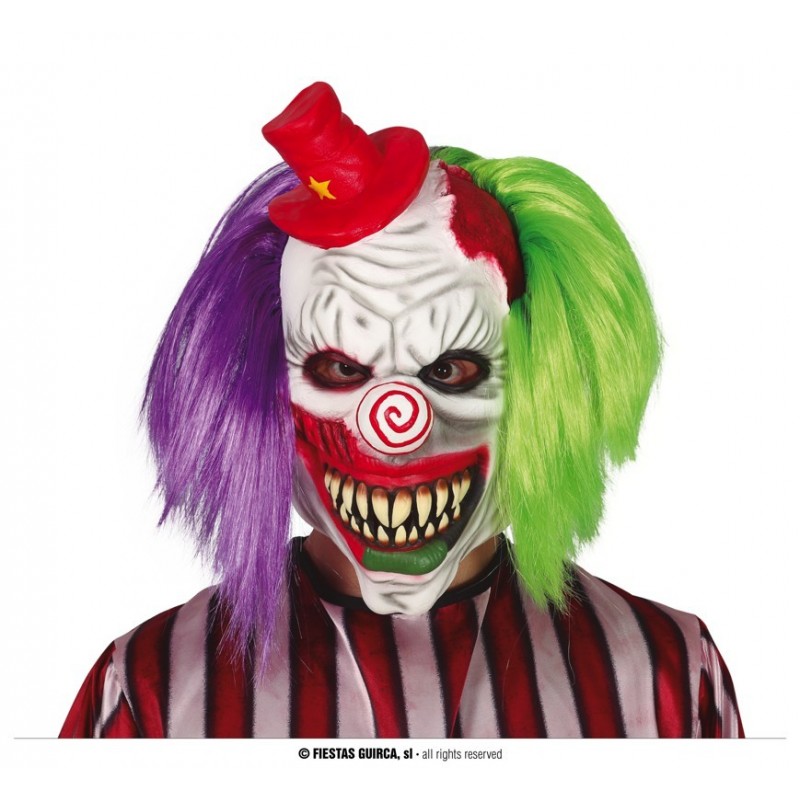 Maska straszny klaun z kolorowymi włosami na głowę - 1