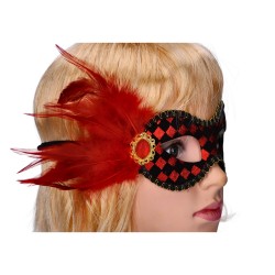 Maska karnawałowa czerwona w kratkę z piórami - 5