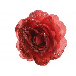 Sztuczna róża na klipsie brokatowa czerwona 14cm