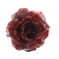 Sztuczny kwiat na klips róża czerwona brokat 14cm