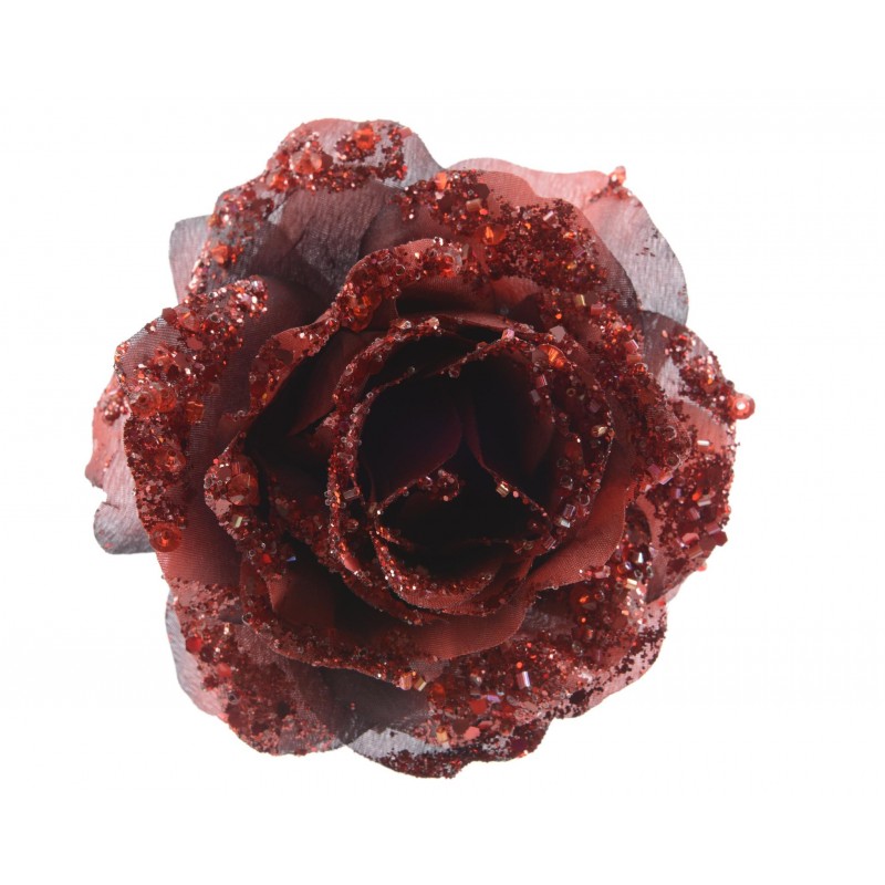 Róża główka broktowa na klipsie zdobiona brokatem 14cm - 1