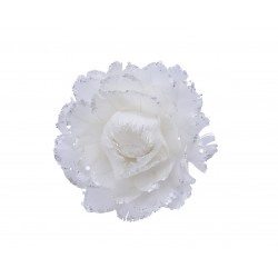 Kwiat na klipsie pióra brokat biały srebrny 11cm