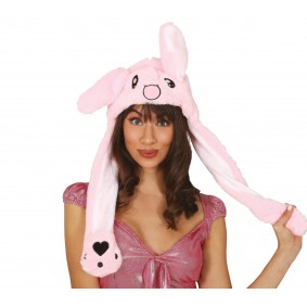 Futrzana czapka królika ruchome uszy różowa - 1