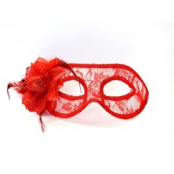 Maska wenecka czerwona koronkowa z różą ozdobną - 1