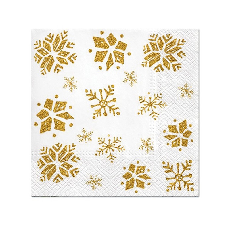 Serwetki papierowe białe świąteczne złote śnieżynki 33x33cm 20szt - 1