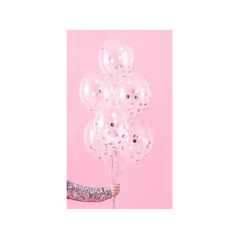 Balony gumowe z konfetti-kółka srebrne 30cm 6szt - 2