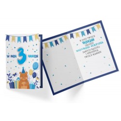 Kartka urodzinowa 3 urodziny niebieska z misiem