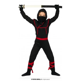 Strój dla dzieci Ninja czarno-czerwony (kombinezon z kapturem, opaski na nogi, maska) - 1