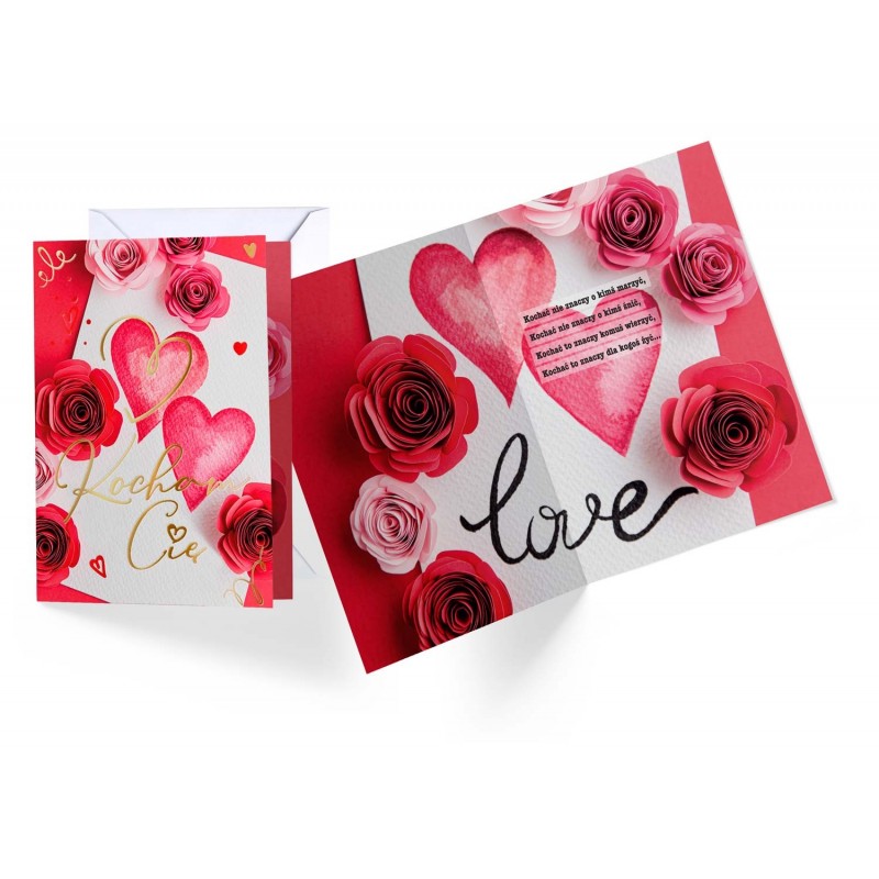 Kartka walentynkowa na walentynki "Kocham Cię" serca ,róże - 1
