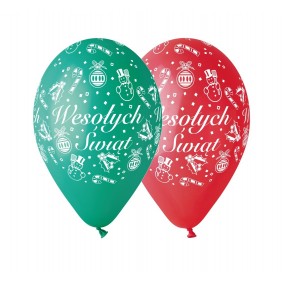 Balon 12' premium "Wesołych Świąt " czerwone i zielone 5szt - 1