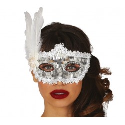 Maska karnawałowa srebrna z białym piórem i różą