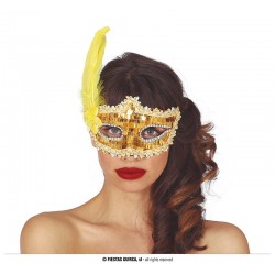 Maska wenecka złota z żółtym piórem dekoracyjna