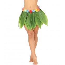 Spódnica zielona hawajska z liści z kwiatami 38cm - 1