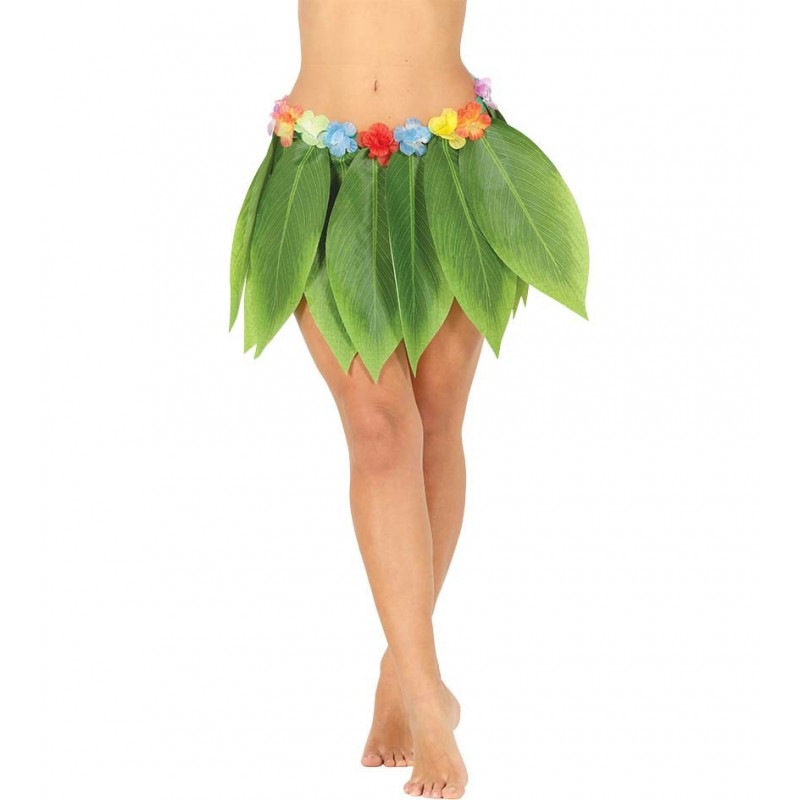 Spódnica zielona hawajska z liści z kwiatami 38cm - 1