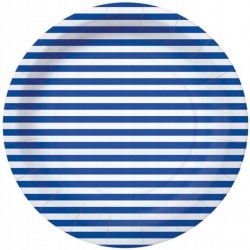 Talerzyki papierowe okrągłe w niebieskie paski