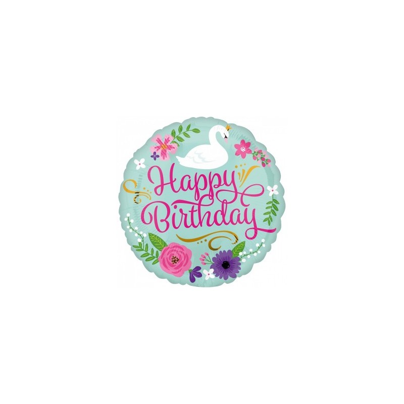 Balon foliowy okrągły urodzinowy kwiaty łabędź - 1
