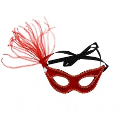 Maska karnawałowa z piórkiem czerwona zdobiona