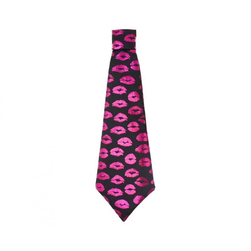 Krawat czarny męski ozdobny różowe usta strój - 1