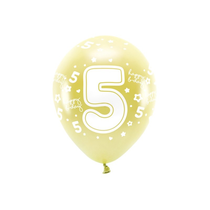 Balony lateksowe urodzinowe złote z białą cyfrą 5 - 1