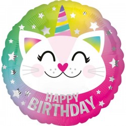 Balon foliowy Happy Birthday urodzinowy biały kot