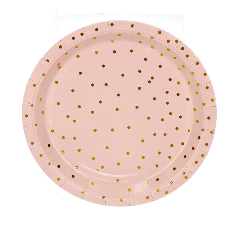 Jednorazowe talerzyki papierowe w złote kropki róż - 5