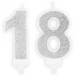 Świeczki urodzinowe cyfra 18 brokatowe srebrne