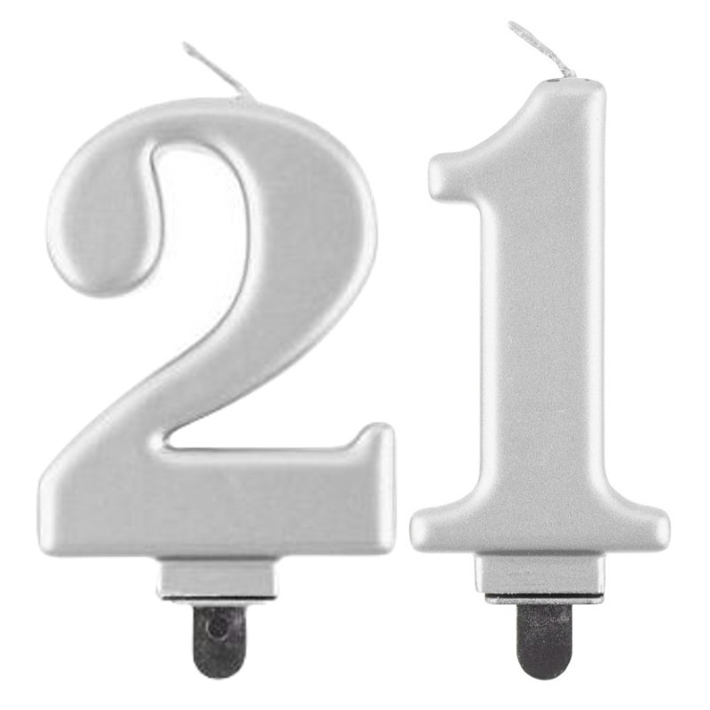 Świeczki urodzinowe cyfra 21 metaliczne srebrne - 1