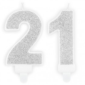 Świeczki urodzinowe cyfra 21 brokatowe srebrne - 1