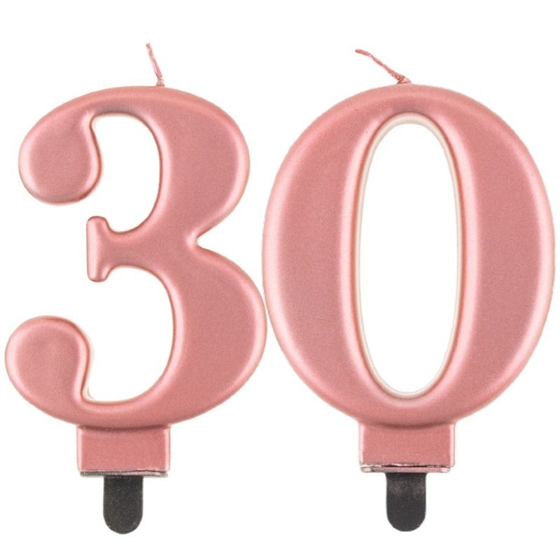 Świeczki urodzinowe cyfra 30 metaliczne różowe - 1