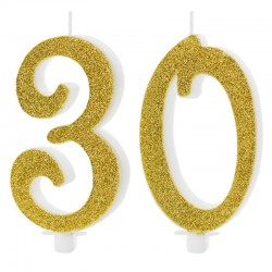 Świeczki urodzinowe cyfra 30 brokatowe złote duże