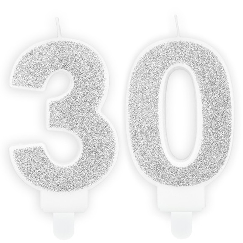 Świeczki urodzinowe cyfra 30 brokatowe srebrne - 1