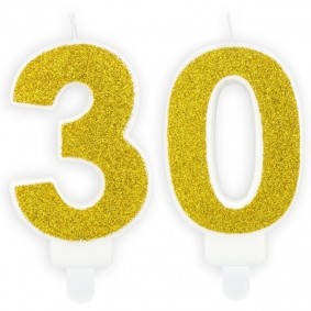Świeczki urodzinowe cyfra 30 brokatowe złote - 1