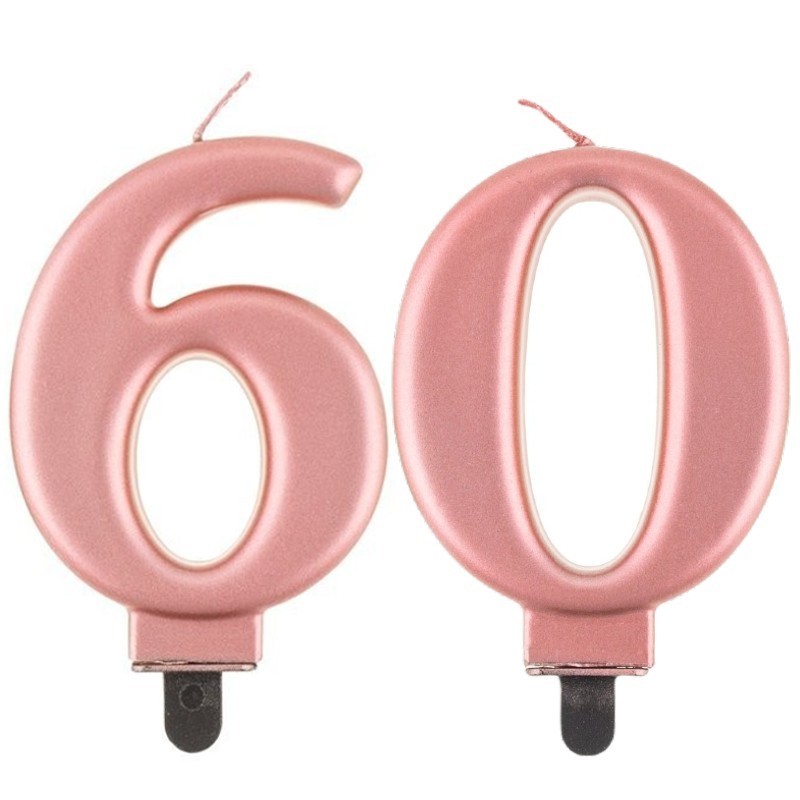 Świeczki urodzinowe cyfra 60 metaliczne różowe - 1