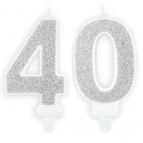 Świeczki urodzinowe cyfra 40 brokatowe srebrne - 1