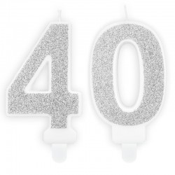 Świeczki urodzinowe cyfra 40 brokatowe srebrne