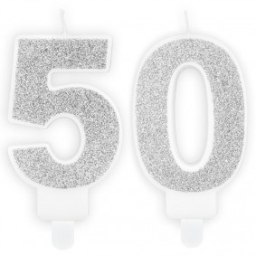 Świeczki urodzinowe cyfra 50 brokatowe srebrne - 1
